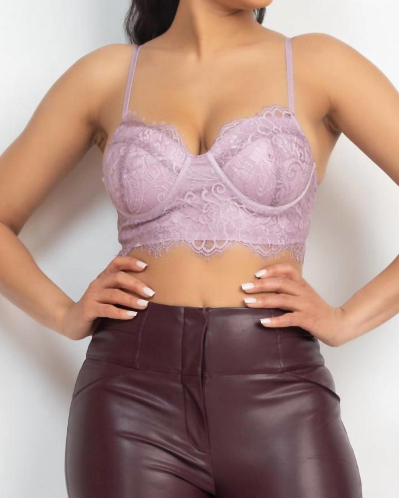 Front of a model wearing a size Large Hook-And-Eye Floral Lace Bralette Top in Dusty Lavender in Dusty Lavender by Haute Monde. | dia_product_style_image_id:334695